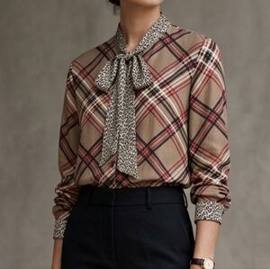 Barbara Lebek Plaid & Leopard Tie Neck Blouse - Elegant Designer Top